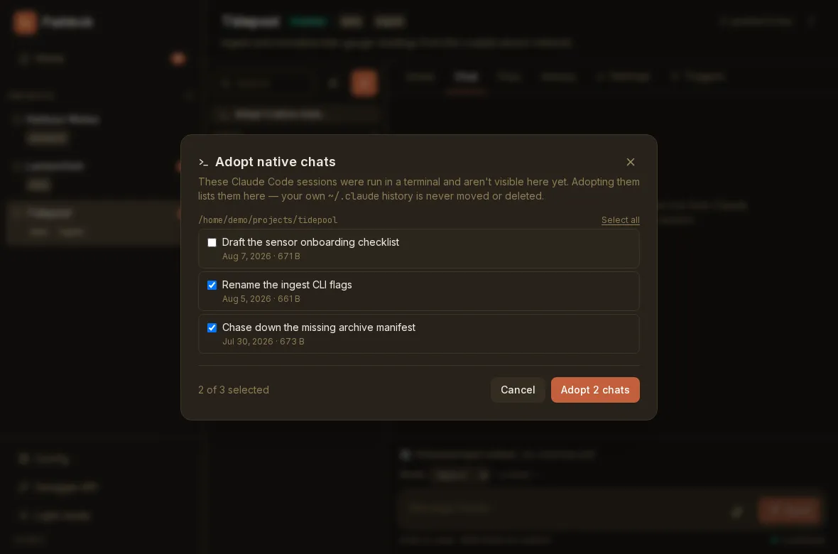The "Adopt native chats" dialog listing three sessions found in one project directory, each with a name, date and size. One row is unticked, so the footer reads "2 of 3 selected" and the confirm button reads "Adopt 2 chats"