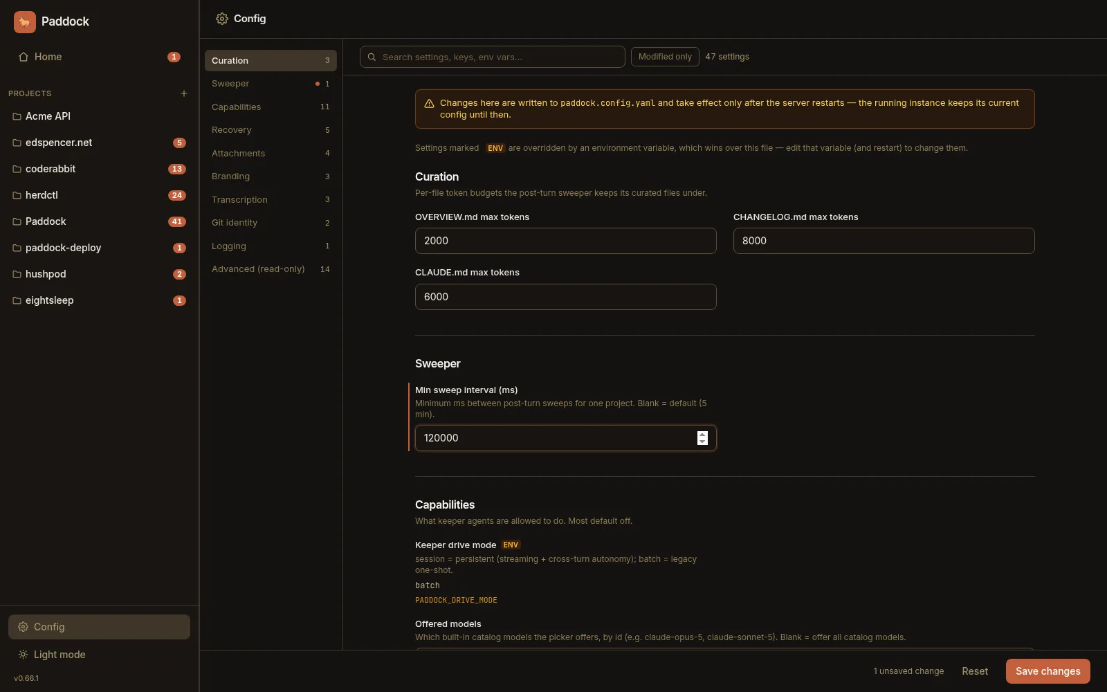 The redesigned instance Config screen: a section rail with per-group counts down the left, a live filter and Modified-only toggle across the top, an env-override legend, and a dirty dot marking the one group holding an unsaved edit