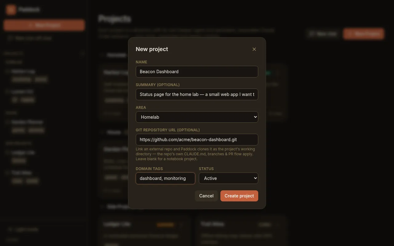The New project dialog with a Git repository URL filled in, making it an unmanaged project Paddock clones