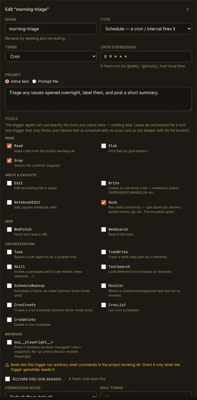 The schedule editor form, mapping onto the trigger schema fields