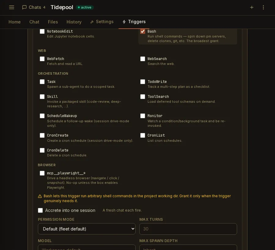 Paddock's trigger tool picker with the Bash checkbox ticked and its row highlighted, and an amber warning below the list reading "Bash lets this trigger run arbitrary shell commands in the project working dir. Grant it only when the trigger genuinely needs it."
