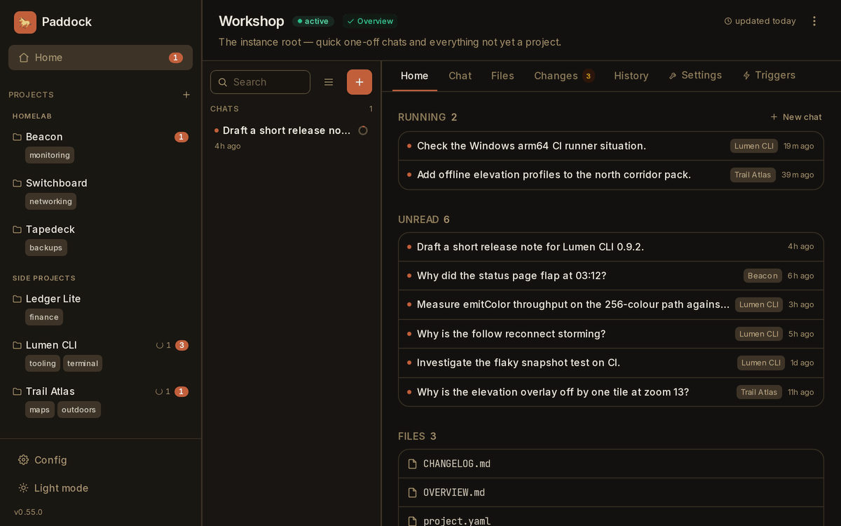Paddock — running and unread chats across every project, a live turn, a sub-agent's nested steps, an inline diff, Claude opening its own chats, files rendered in the conversation, fork and rewind, triggers, run history, the git Changes tab, and the same instance on a phone